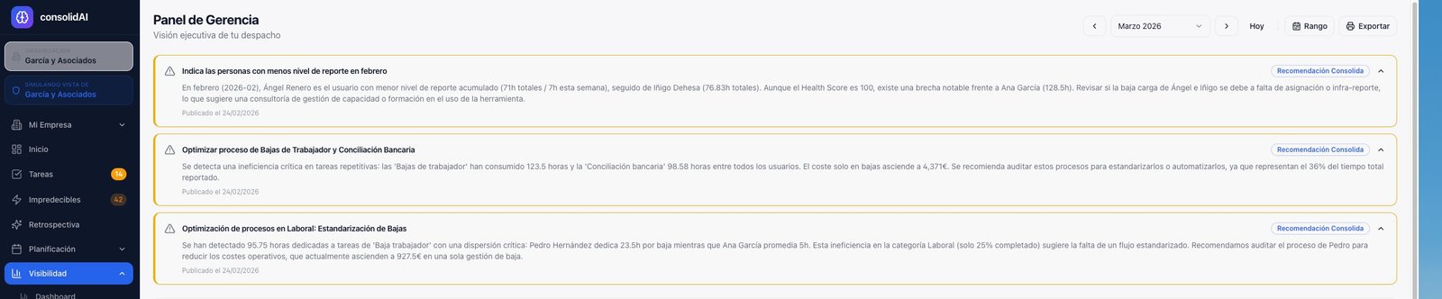 Recomendaciones Consolida en consolidAI: análisis automático con detección de ineficiencias críticas en procesos repetitivos del despacho, con datos cuantificados
